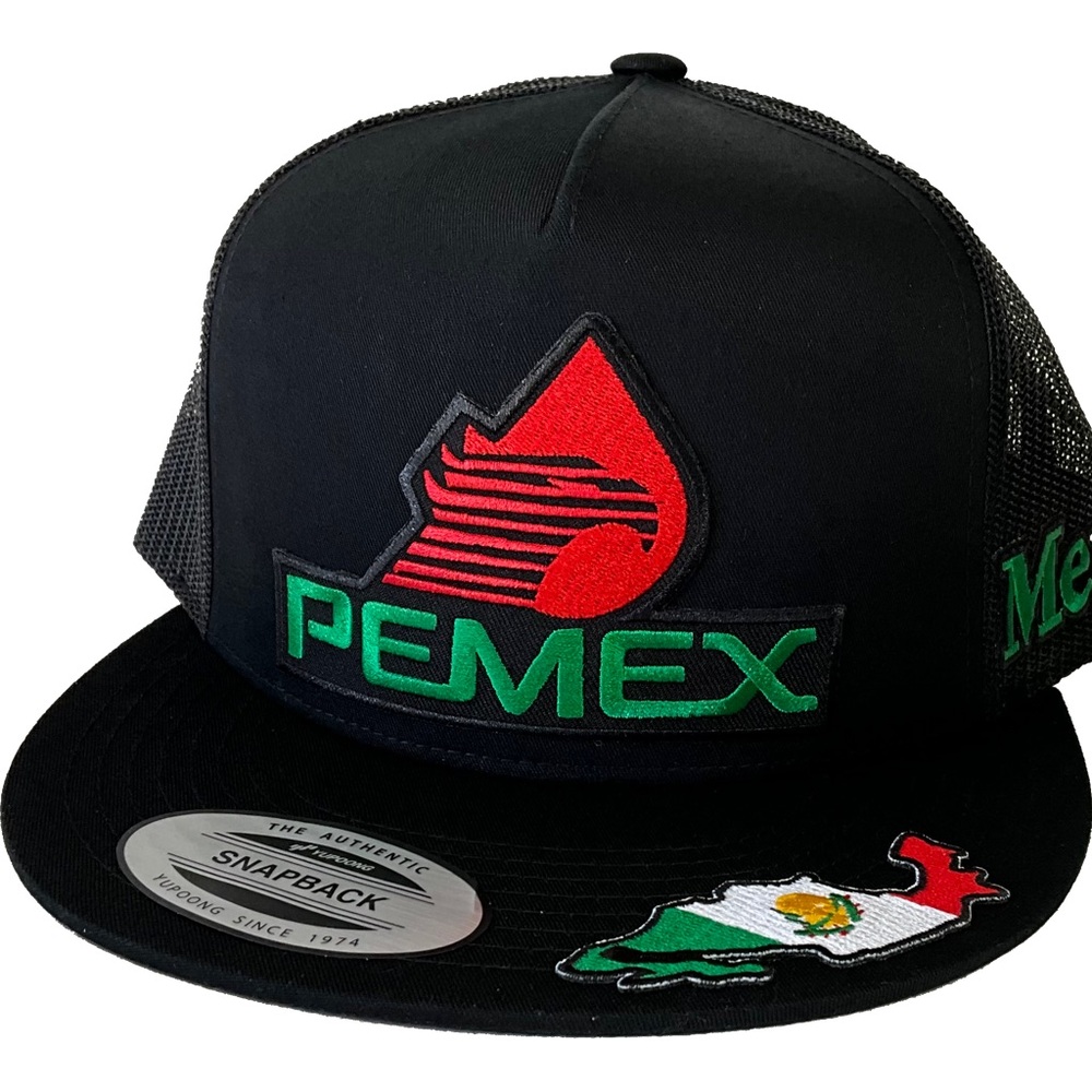 Pemex 3 logos Mexico al lado mapa en la visera hat black mesh SnapBack